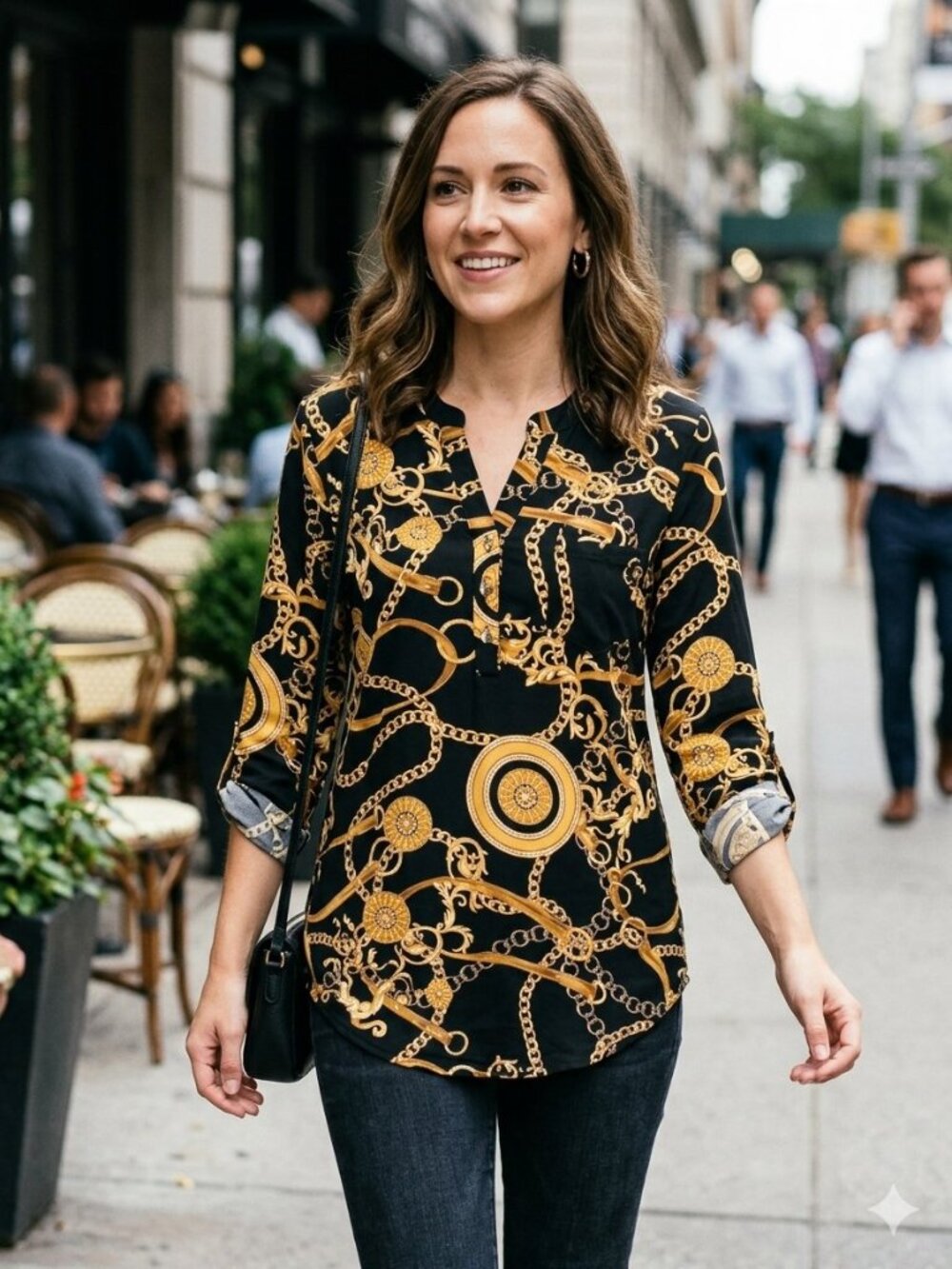 DNA Couture Black Gold Chain Medallion Blouse Roll Tab M